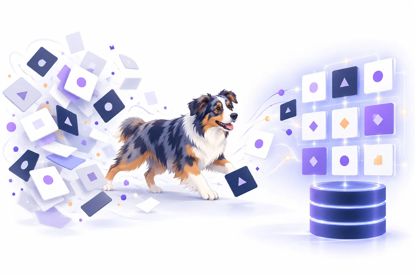 Illustration: Ein Hirtenhund treibt verstreute Begriffskarten in eine geordnete Terminologiedatenbank
